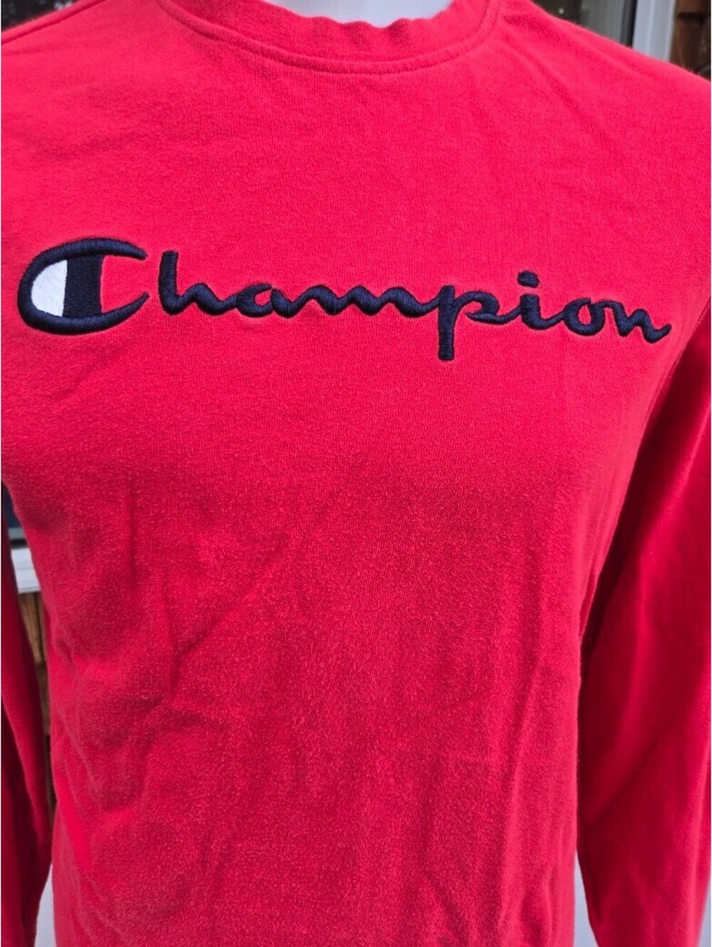 Champion Red Long Sleeve Shirt Small | Y2K Athletic Streetwear